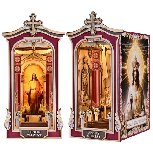 Book Nook Kit, Simple Booknook Bookend, Miniature Dollhouse House Kit for Beginner, DIY 3D Puzzle Model with LED Light and Dust Cover - Jesus Christ Church Cathedral - style: Cathedral