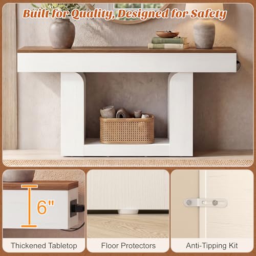 Homieasy Console Table, 63" Entryway Table with LED Lights & Charging Station, Farmhouse Wooden Sofa Table Behind Couch, Narrow Hallway Table for Living Room, Foyer, Entry, Antique White & Brown - color: Antique White & Brown, size: 63"