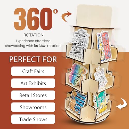 Rotating Display Stand, 3 Tier Wooden Organizer, 4-Sided Display Rack, 360 degree Spinning Multi-Pocket Tabletop Display Stand for Coasters, Stickers, Retail, Showcase, Tradeshow, 17”H, Natural - style: NATURAL