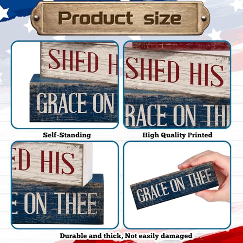 CroBlissful 4 Pcs 4th of July Decorations Patriotic Memorial Day Tabletop Decorations Red White Blue Table Centerpieces Sign for Office Tiered Tray Home Shelf 250th Anniversary(God) - style: God