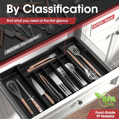 Aujen Silverware Organizer - Expandable Kitchen Drawer Organizer, Adjustable Utensil Organizer, Cutlery Tray for Forks, Knives, Multipurpose Kitchen Organizers and Storage Solution, Black, Large - color: Black, size: Large