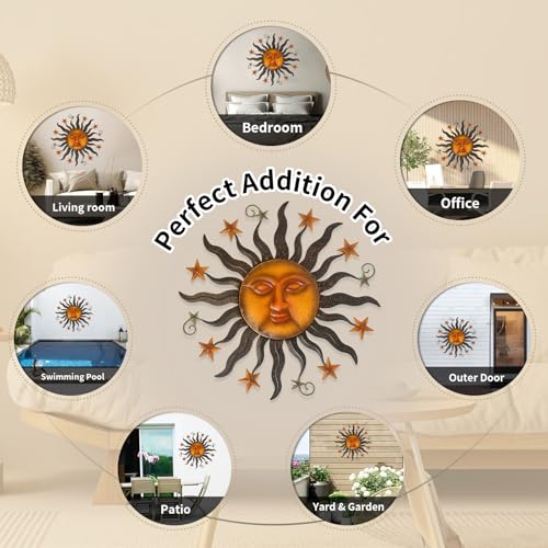LIFFY 24" Sun Face Metal Wall Art for Outdoor Decor - Solar Themed Hanging Sculpture, Weather-Resistant Garden Patio Wall Décor, Farmhouse Home Accent Gift (Antique Bronze Finish) - color: Sun Face