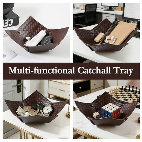 KINIVA 2 Pack PU Leather Jewelry Valet Tray for Men Women,Small Key Bowl for Entryway Table,Portable Travel Catchall Dice Tray (Bowl-Coffee-2pcs) - style: Bowl-Coffee-2pcs