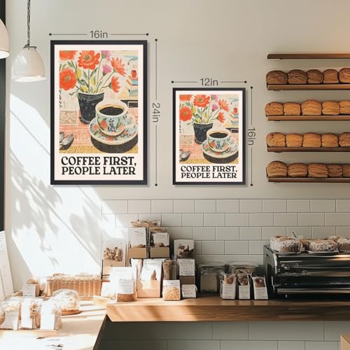 GELDSTEI Wood Framed Retro Coffee Wall Art, Vintage Cafe Wall Decor, Coffee First People Later Canvas Painting, Classical Cafe Bar Poster Print for Kitchen Dining Room Home Office 12x16 Inch - color: Retro(Wood), size: 16"L x 12"W