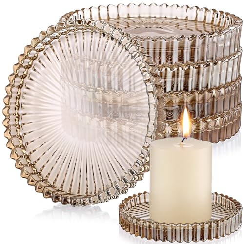 Honeydak Amber Glass Pillar Candle Holder Plates 4'' Round Glass Candle Tray Round Coasters for Table Centerpiece Wedding Party Home Bridal Shower Thanksgiving Christmas Decor(6 Pcs) - color: Amber