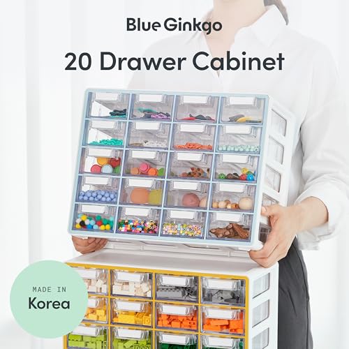 Blue Ginkgo Small 20-Drawer Cabinet – Stackable Clear Organizer for Hardware, Beads, Plastic Bricks, Office, and Craft Storage (Made in Korea, Blue) - color: BLUE, size: 20 Drawer