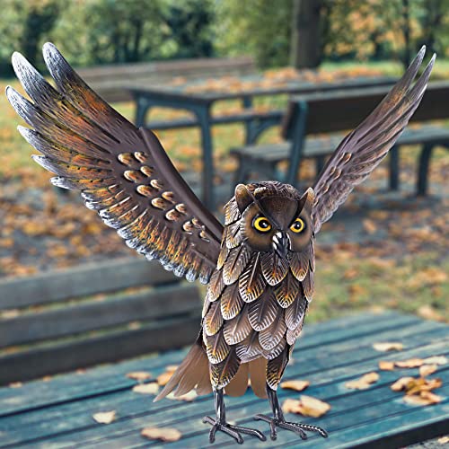Natelf Garden Owl Sculptures & Statues, Standing Metal Bird Yard Art Sculpture for Patio Backyard Pond Outdoor Decorations - color: Brown