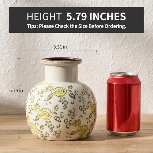 SIDUCAL Ceramic Vintage Vase, 5.91 Inch Retro Ice Cracked Chinoiserie Floral Vase, Rustic Farmhouse Vases for Home Decor, Bookshelf, Garden, Chinoiserie Decor, Tuscan Decor, Yellow Rose Pattern - color: 18795-yellow Rose