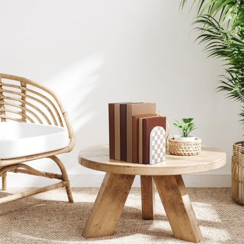 Boho Bookends Walnut Wood Beige Checkered Bookends for Shelves, Heavy Duty L-Shape Decorative Book Ends with Non-Slip Base, Boho Aesthetic Desk Decor for Organizing Book Home Decor