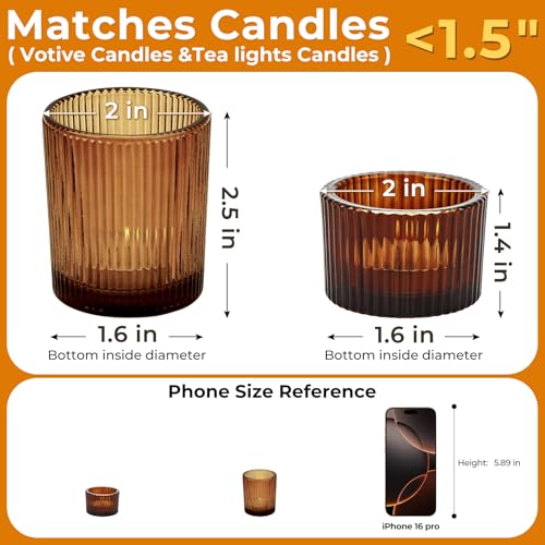 20pcs Assorted Votive Candle Holders for Tea Light Candles, Amber Glass Tea Light Candle Holders Set, Decorative Ribbed Tealight Holder for Wedding Table Decor, Dining Room, Valentine's Day, Birthday - color: Amber