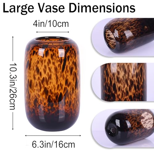Amber Brown Glass Vase – Round Art Glass Vase with Tortoise Shell Pattern, Hand Blown Wide Mouth Decorative Centerpiece for Living Room, Dining Table or Entryway Home Decor - size: Large