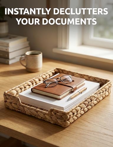 Demigo Water Hyacinth Letter Tray - Desk Organizer & Paper Basket for Mail, A4 File - Sturdy Woven Storage, File Holder with Metal Frame, Rustic Boho Office Decor & Magazine Sorter