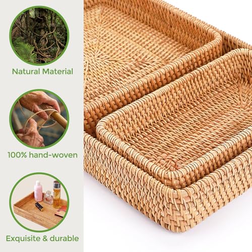 Rattan Serving Tray, Rectangle Basket Set of 3, Wicker Storage and Organizing Baskets, Natural Decorative Woven Tray for Home Decor, Bathroom, Kitchen Counter - style: Set of 3