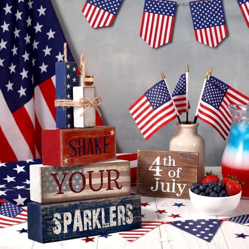 CroBlissful 4 Pcs 4th of July Decorations Patriotic Memorial Day Tabletop Decorations Red White Blue Table Centerpieces Sign for Office Tiered Tray Home Shelf 250th Anniversary(Shake) - style: Shake