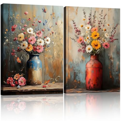 2pcs Framed Canvas Painting Wildflowers Vintage Floral Vase Butterfly Wall Decor For Living Room Bedroom Studio Hallway Country Farmhouse Style Art Poster Ready To Hang 24x16 Inch - color: Yellow White, size: 24"x16"