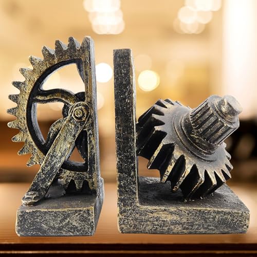 Decorative Bookend Gear Book Ends Industrial Rustic Vintage Unique Heavy Statues Bookshelves Support Home Decor Accents (Large) - size: Large