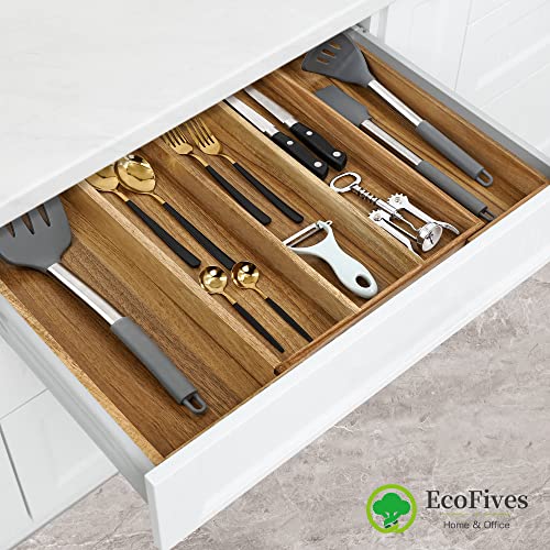 EcoFives Luxury Acacia Silverware Organizer -Kitchen Drawer Organizer - Utensil Holder and Cutlery Organizer with Grooved Drawer Dividers for Flatware and Kitchen Utensils (5 Slot) - size: 5 Compartments