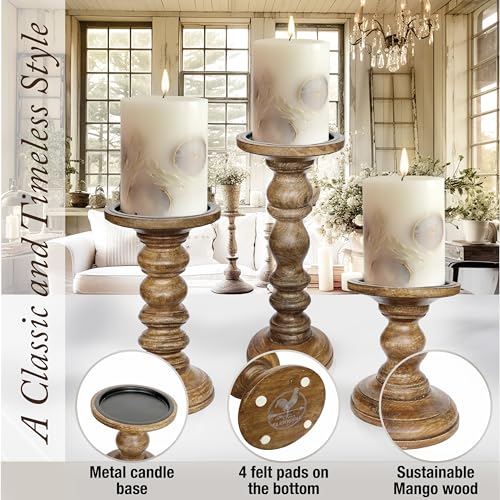 My Fancy Farmhouse Large Wood Candle Holders (Set of 3) - Tall Rustic Pillar Candlestick Stands - Fits 4 inch & 3 inch Pillar Candles - Modern Farmhouse Decor (Walnut Brown) - color: Natural Walnut