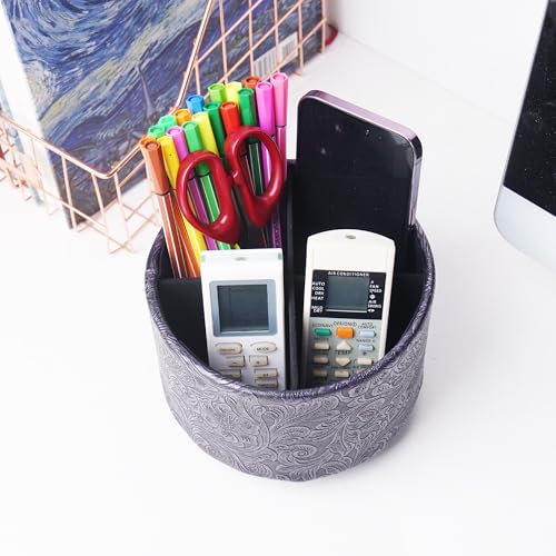 lizimandu Round Leather Art Supply Organizer,Remote Control Holder,360 Degree Spinning,Multi-Functional Pencil Holder,4 Compartments Desktop Stationary Organizer(1-Carved Metal Purple) - color: 1-Carved Metal Purple