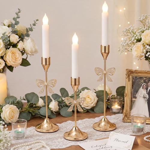 Ceenna 3 Pcs Gold Bow Taper Candle Holders, 3 Size Gold Bowknot Candlestick Holders, Candle Holder Vintage Decorative for Table Centerpiece Mantel Decor Holiday Housewarming Gifts - style: Bowknot