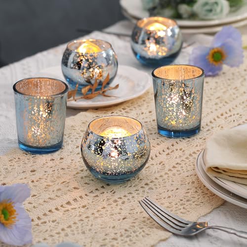 LETINE 36pcs Blue Votive Candle Holders - Elegant Mercury Glass Tea Light Candle Holder Set for Spring Summer Weddings, Holiday Season Decorations, Valentine's Day Table Centerpieces - color: Blue