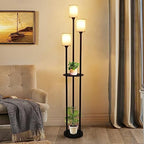 Floor Lamp with Shelves, Modern Floor Lamps for Living Room, 3-Lights Standing Lamp with Linen Shade and Foot Switch, Industrial Standing Lamps for Bedroom, Black Tall Table Lamp for Office - style: Black-Fabric Shade