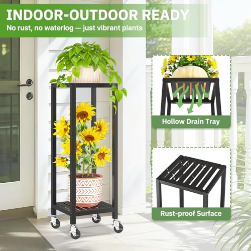 KMOTASUO 2 Tier Black Tall Plant Stand with Wheel for Indoor Outdoor, Heavy Duty Metal Multiple Large Planter Rack for Narrow Corner, Sturdy Iron Vertical Flower Holder for Modern House Patio Bathroom - color: Standard Black, size: 2 Tier