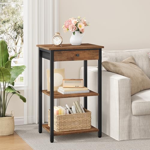 Gewudraw Printer Stand with Storage Drawer, 3-Tier Under Desk Printer Table, End Table for Home Office, Living Room, Bedroom, Brown - color: Rustic Brown, size: 3 layer