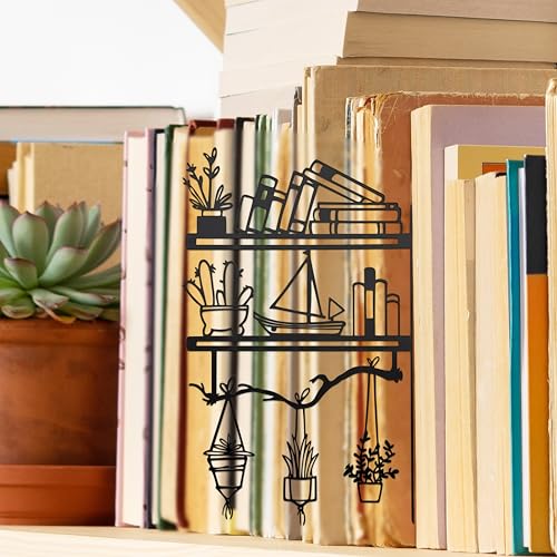 Plants on The Bookshelf Patterns Metal Decorative Splint 7.68 x 7.09 inches, Bookshelf Decor Aesthetic, Home Library Decor, Book Shelf Decorations