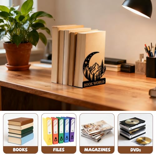 Peacoblue Metal Bookends for Shelves, Modern Decorative Heavy Duty Study Book Ends Stoppers for Office Desk Shelf Room 5.3"x4.3"x6.3" Cast Iron Simple Bookends 1 Pair (Mountain and Forest with Moon) - style: Mountain and Forest with Moon
