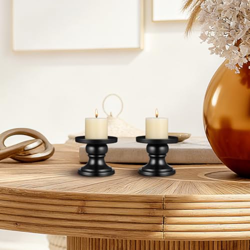 Luxshiny 2Pcs Black Pillar Candle Holders Metal Pillar Candle Stands Decorative Candlestick Holders for Fireplace Table Centerpiece Home Wedding Party Decor, 3.14 X 2.75 X 2.55 Inch