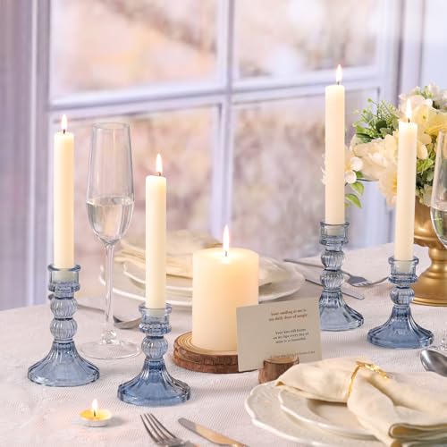 DARJEN 6Pcs Blue Candlestick Holders Set - 4" H & 5" H Striped Taper Candle Holders Bulk, Glass Candle Holders for Wedding, Festival, Party, Table Centerpiece, Gifts - color: Blue, size: Striped Pattern