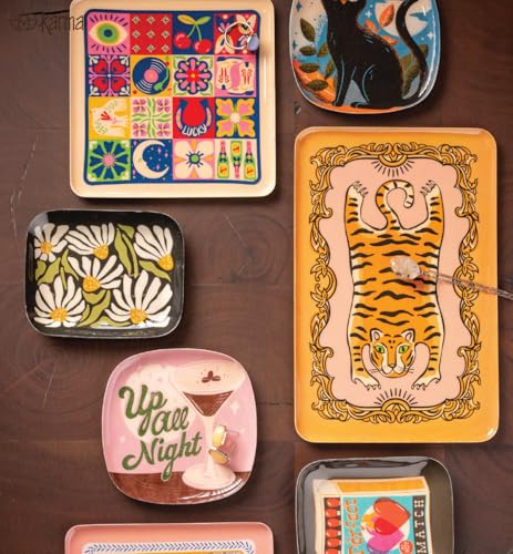 Karma, Enamel Trinket Tray, Rectangle Colorful Ring Bowl, Jewelry Dish Tray for Rings Bracelets Necklace, Large, Tiger