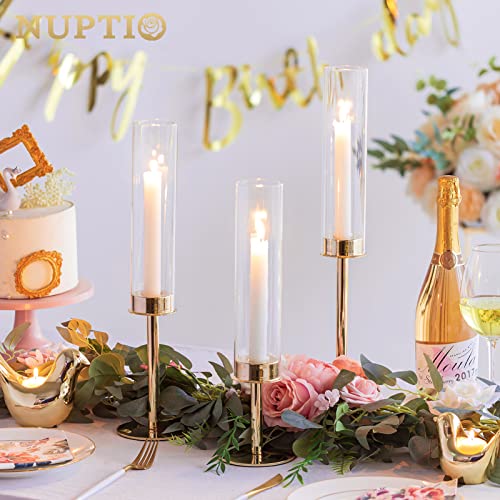 Nuptio Glass Hurricane Candle Holder: Set of 6 Gold Candlestick Holders - Long Stem Taper Candleholders for Christmas Tabletop Centerpiece Fireplace Decor Cylinder Candle Stand Windproof 14" 16" 18" - size: 14 & 16 & 18 in