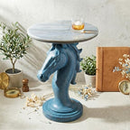 Luxury Horse Statue Round Side Table - 24" Faux Marble Top End Table, Luxury Resin Animal Sculpture Pedestal, Unique Artistic Accent Table for Living Room, Bedroom & Office, Navy Blue - color: Blue Horse