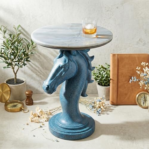 Luxury Horse Statue Round Side Table - 24" Faux Marble Top End Table, Luxury Resin Animal Sculpture Pedestal, Unique Artistic Accent Table for Living Room, Bedroom & Office, Navy Blue - color: Blue Horse