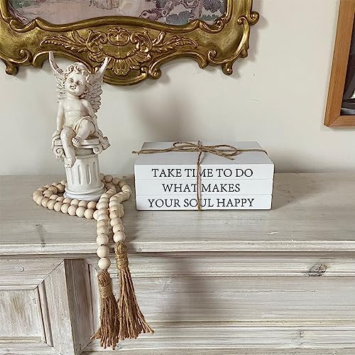 Decorative Books for Home Decor, White Faux Books for Decoration, Rustic Farmhouse Stacked Display Books with 52in Wood Bead Garland for Coffee Tables Living Room (TAKE TIME to DO) - style: TAKE TIME TO DO