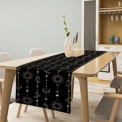 Boho Moon Star Table Runner Cosmic Objects Connected by Lines Modern Abstract Farmhouse Kitchen Dining Table Decoration for Home Party Decor Table Runners 13x36in - color: Black-golden, size: 13x36in