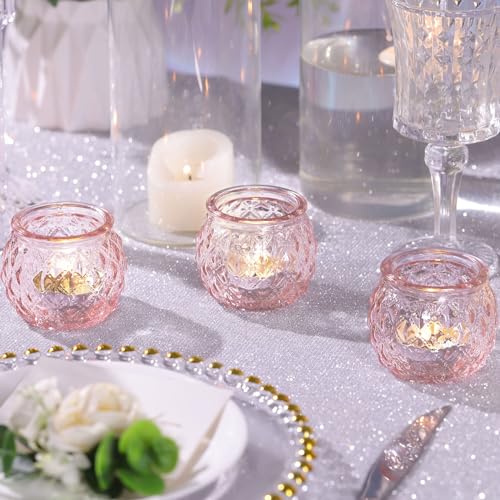DARJEN 12Pcs Pink Votive Candle Holders - Round Glass Candle Holders for Flameless LED Tea Waxes, Romantic Candle Holder for Wedding & Home Table Decor, Various Parties - color: Pink, size: 12PCS