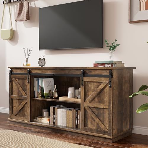 YESHOMY TV Stand for Televisions up to 65 Inches, with Sliding Barn Doors and Storage Cabinets, Console Table and Media Furniture for Living Room, 58 Inch, Barnwood - color: Barnwood, style: Sliding Barn Doors TV Stand