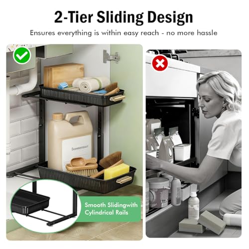 ARSTPEOE Under Sink Organizer - 2 Packs Multi-Purpose Pull-Out Storage Organizers, Slide out Pull out Metal Cabinet Organizer Shelf, Storage for Kitchen Bathroom, Black - color: Black, size: 2 Pack
