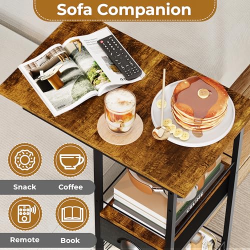C Shaped Sofa Side Table with Wheels, Rolling Small Coffee Table with Drawer, Portable TV Tray Table for Couch, Bedside Table with Storage, Narrow Nightstand for Bedroom, End Tables Living Room - color: Black, size: Large (With Drawer & Wheels)