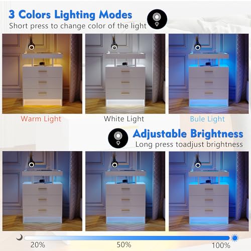 Lvifur LED Nightstand with Wireless Charging Station, Auto Sensor 3 Color Dimmable Night Stand, Modern Bedside Table with 3 Drawers & 3 Open Compartments for Bedroom, White - color: White 3 Drawers-glass Top