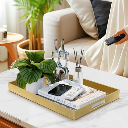 MAONAME Modern Gold Decorative Tray with Handles, Gold Leaf Serving Tray for Coffee Table, Rectangle Bathroom Decor Trays, 15.8" L x 10.2" W x 1.4" H - size: 15.8" x 10.2" x 1.4"
