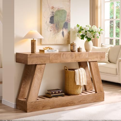 60" Farmhouse Entryway Table with Drawer, Wooden Hallway Foyer Table with Heavy Duty Base, Sofa Table for Living Room(Light Knotty Oak) - color: Light Knotty Oak