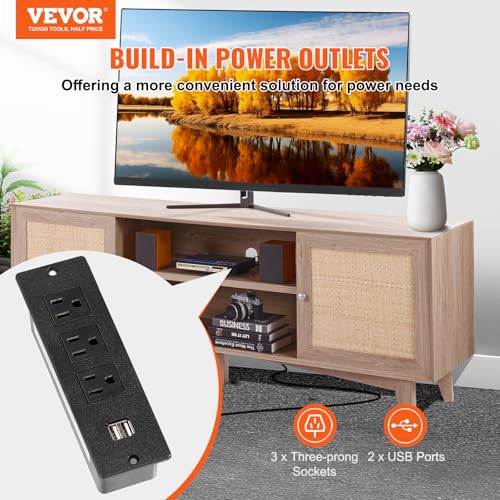 VEVOR Rattan TV Stand, Mid Century Modern TV Stand for 75 inch TV, Boho Rattan TV Cabinet with Build-in Socket and USB Ports, Adjustable Shelfs for Living Room, Media Room, Oak - color: Oak, size: for 75" TVs
