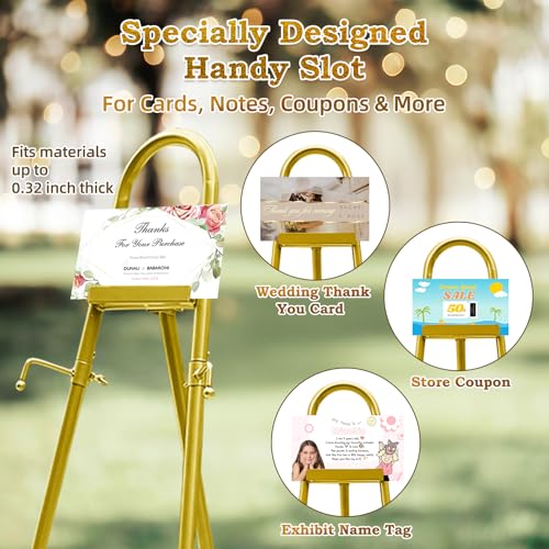 57"– 42" Height Adjustable Gold Easel Stand for Signs, Lockable at Any Height – 4 Hooks, 3 Display Modes, Easel with Design Templates – Ideal for Wedding Welcome Sign, Parties, Art & Retail Display