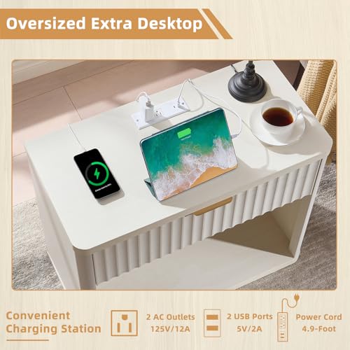 LEYAOYAO 31" Wide Fluted Nightstand with Charging Station, Oversized Extra Large 1 Drawer Night Stand with Golden Handle, White Wood Bedside Table Tall End Tables,for Bedroom, Living Room, Hallway - color: White, size: 1 Drawers