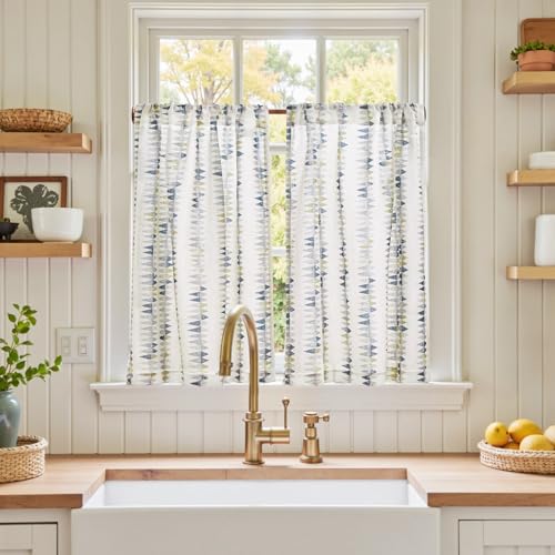 jinchan Mudcloth Boho Kitchen Curtains for Windows Light Filtering Linen Blend 36 Inch Farmhouse Tier Curtains Small Window Drapes for Living Room Bathroom RV 2 Panels Rod Pocket Dusty Blue on Linen - color: Tribal | Dusty Blue on Linen, size: 26"W x 36"L