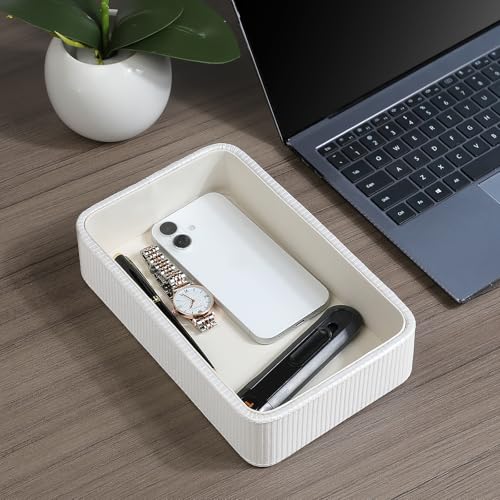 PU Leather Valet Tray Organizer, Small Nightstand Organizer Bedside Desktop Storage for Womens and Men, Perfume Trinket Catchall Vanity Tray for Key Watch Wallet (White, Rectangular) - color: White